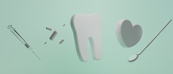 3d object illustration for dentist tooth with tools of medical health care for dental clinic hospital bussiness