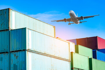 Container warehouse at industrial port Sending by plane, cargo logistics, business, import, and...