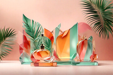 Perfume bottles with tropical leaves on pink background.Product mockup background.Bright color mock up podium background for perfume or cosmetic products