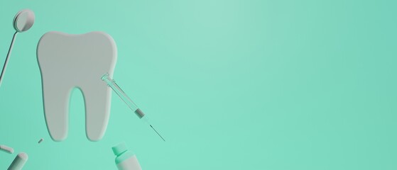 3d object illustration for dentist tooth with tools of medical health care for dental clinic hospital bussiness