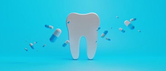 3d object illustration for dentist tooth with tools of medical health care for dental clinic hospital bussiness