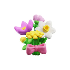Bouquet of flowers tied with pink bow 3D realistic vector illustration isolated.