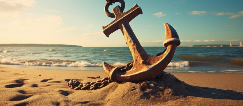 Old Metal anchor near beach on sunny day. AI generated image