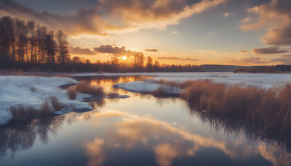 sunrise over the ice river with grass.