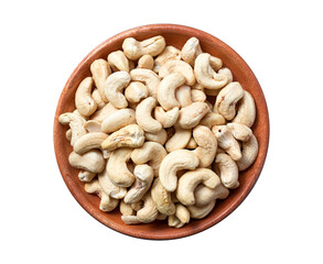 Fresh cashew nuts in a wooden bowl isolated on a transparent background, Clipping path included