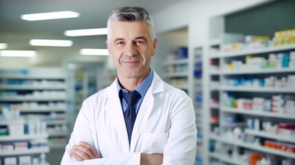 Portrait of confident male pharmacist in drugstore looking at camera.