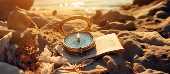 Old map paper with a compass on beach. AI generated image - obrazy, fototapety, plakaty