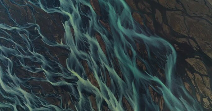 Like-Veins Landscape Of Kálfafell River Braids Of Iceland. Aerial Topdown Shot