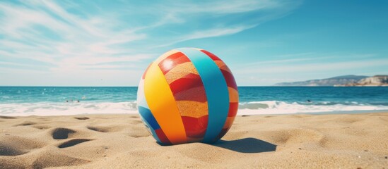 Close up colorful beach ball at seaside on sunny day view AI generated image