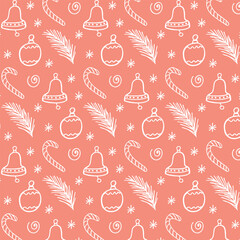 Winter pattern with Christmas and New Year balls on a peach background. Doodle style. Pattern on the swatch panel.