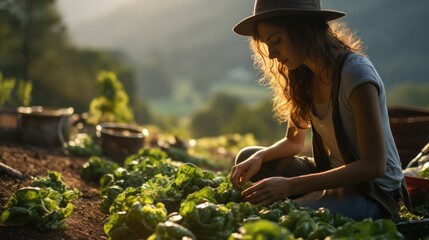 Organic farmer harvesting fresh vegetables on her farm - obrazy, fototapety, plakaty