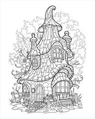 Fairytale forest castle, black and white coloring, vector