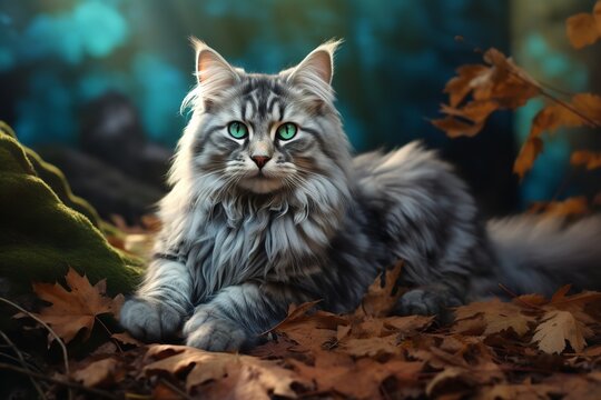 a fluffy tabby cat with bright green eyes laying on a pile of fallen leaves in the woods. The cat is looking directly at the camera with a curious expression.