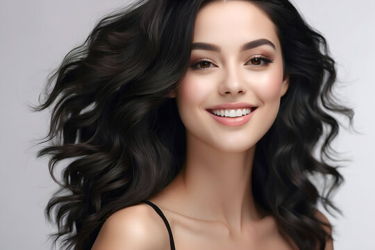 Beautiful young woman with smooth skin and beautiful long, black, flowing hair. Beauty and cosmetics advertising concept image. 