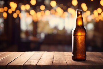 beer bottle on a classic wooden table, vintage bokeh bar background created with Generative AI technology	
 - obrazy, fototapety, plakaty
