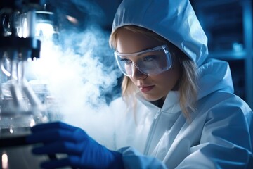 Scientists work with liquid nitrogen cryostorage in medical lab at sciences laboratory, High tech...