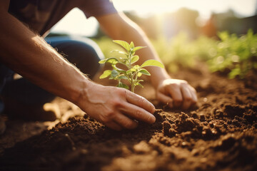 Fototapeta premium Close up hands of men working in a community garden planting trees, Volunteer working with saplings.