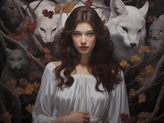 beautiful woman in white surrounded by pack of white wolfs and brown leaves