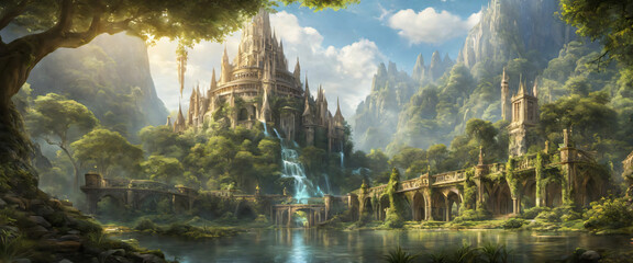 Journey through an ancient elven city adorned with ornate architecture, lush gardens, and glowing crystals, rendered in stunning 3D realism, transporting you to a magical world where elves thrive in h - obrazy, fototapety, plakaty