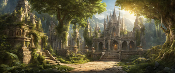 Journey through an ancient elven city adorned with ornate architecture, lush gardens, and glowing crystals, rendered in stunning 3D realism, transporting you to a magical world where elves thrive in h
