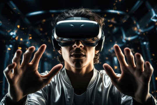 A young man wearing virtual reality glasses is in the center of a hologram.