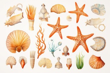 Fototapeta na wymiar watercolor sea shells and sea life cliparts (1)