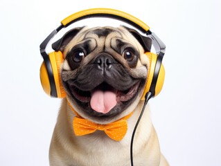 close portrait of a happy pug dog with a microphone and wearing headset, white background 