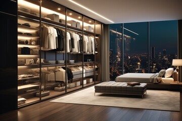 Naklejka premium Modern bedroom closet design with wardrobe with cityscape views.