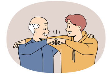 Smiling grandfather and grandson give fists bump show bonding and connection. Happy younger and older generation friendship. Vector illustration.