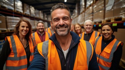 Happy volunteer are posing and smiling during work in a warehouse.