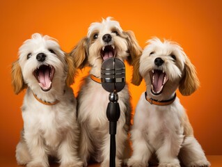 3 cute dogs sing around a microphone.
