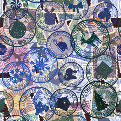 Fototapeta na wymiar Retro postal stamp seamless pattern Christmas old postage stamps