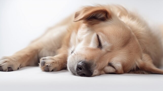 close-up portrait of sleeping dog against white background, AI generated, background image