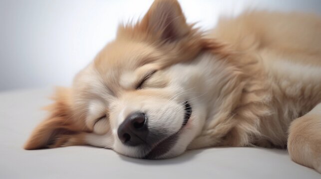 close-up portrait of sleeping dog against white background, AI generated, background image