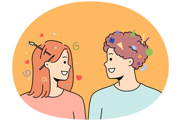 Diverse people with different mindsets exchange ideas. Smiling man and woman with logical and creative thinking cooperate. Vector illustration.