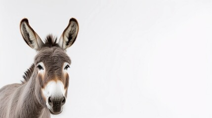 Portrait of a Donkey against white background with space for text, AI generated, background image