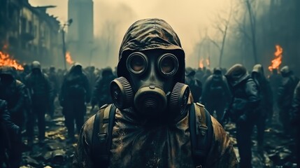 People in gas mask at city in apocalypse. - obrazy, fototapety, plakaty