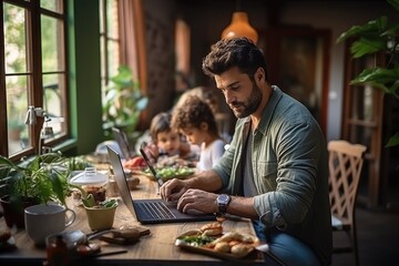 Fototapeta na wymiar Family Man using laptop while waiting for food at home. Generative AI