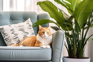 a sleepy kitten with fluffy white fur and large blue eyes curled up on a comfortable couch next to a potted plant. The kitten's soft fur and sparkling eyes contrast beautifully - Powered by Adobe