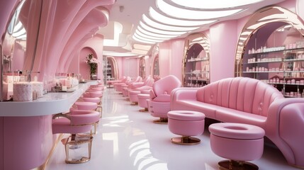 Luxury pink beauty salon interior, Cosmetic service shop. - obrazy, fototapety, plakaty