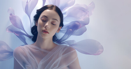 Surreal Portrait of Asian Woman with Ethereal flower Petals