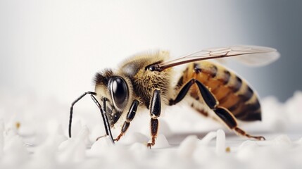 close-up portrait of a bee against white background, AI generated, background image