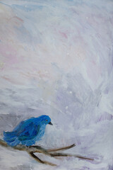 Blue bird on bare branch. Winter morning oil painting. Fine art illustration with space for text. Reflections concept.
