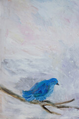 Blue bird painting. Winter fine art illustration with space for text.