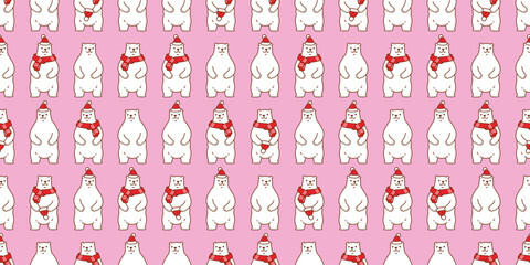 bear polar seamless pattern Christmas scarf Santa Claus hat vector pet cartoon doodle gift wrapping paper tile background repeat wallpaper illustration pink scarf isolated design - obrazy, fototapety, plakaty