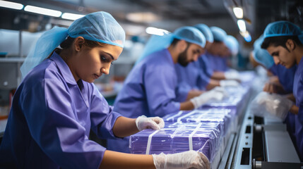 Happy men and women working in a factory, Packaging products.