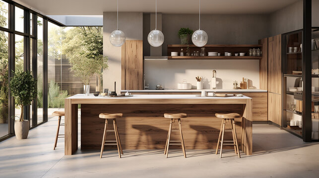 simple modern interior design of kitchen with solid wood and sunlight