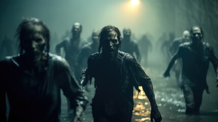 Fototapeta na wymiar Zombies walking down a deserted street in city during apocalypse, Halloween theme.