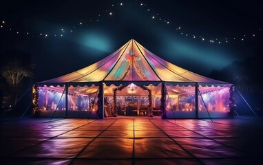 colorful wedding tent at night, wedding reception party. generative ai