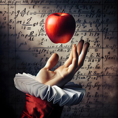 Hand catching a falling apple with math formulas - Newton's gravity discovery concept